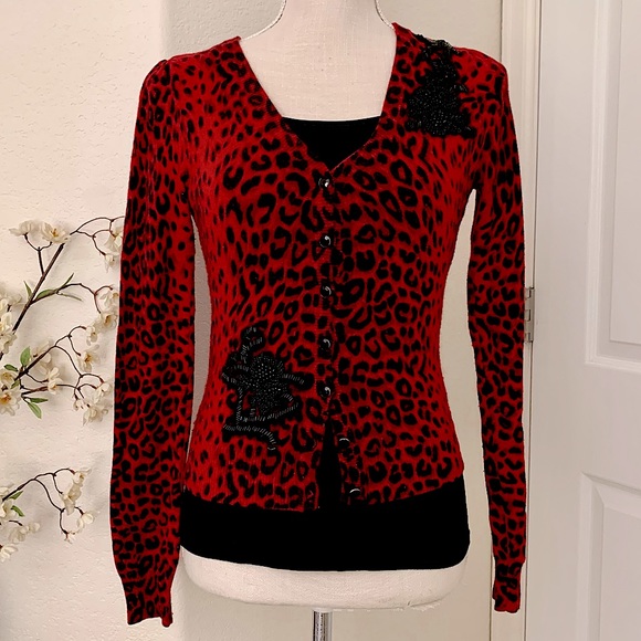 INC Animal Print Cardigan w/ Beaded Designs - Picture 7 of 13